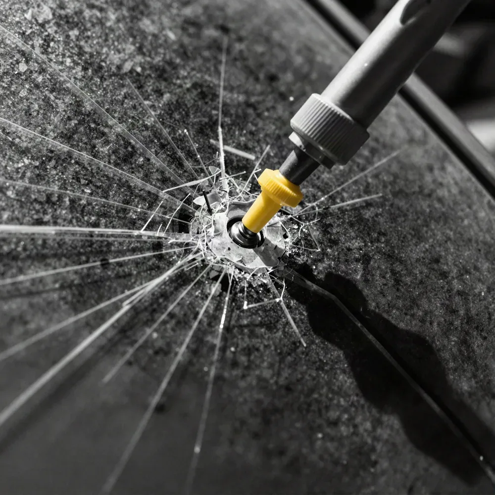 Close-up of a resin injector clamped over a star-break rock chip in a windshield during a chip repair.