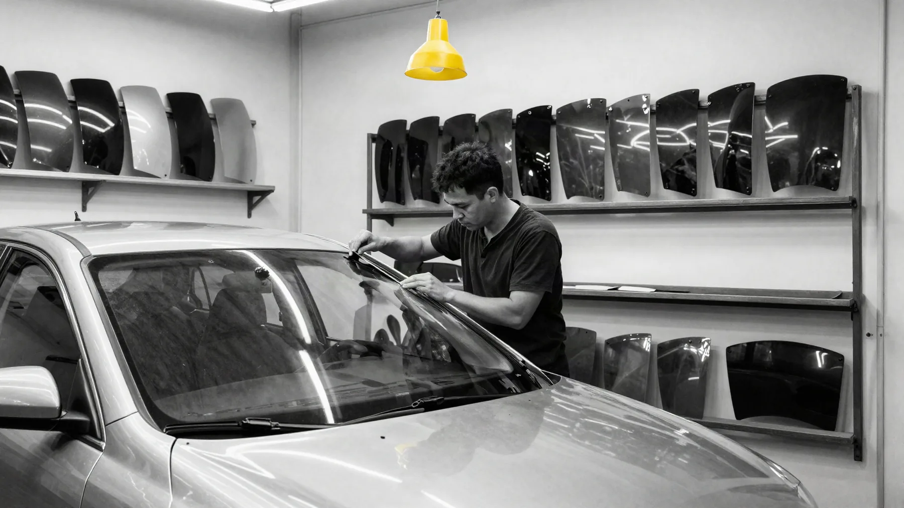 A technician setting a new windshield into a sedan in the New York Auto Glass shop, with racks of windshields on the wall behind him.