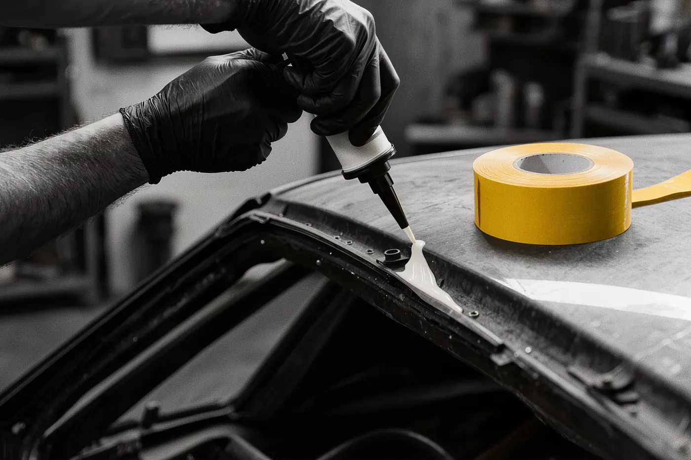 A gloved hand running a bead of primer along the pinchweld of a car body before a new windshield is fitted.